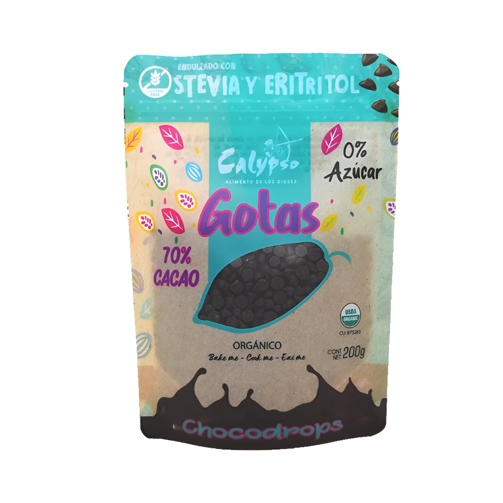 Gotas 70%Cacao C/Stevia Y Eritritol Organico 200Gr Calypso