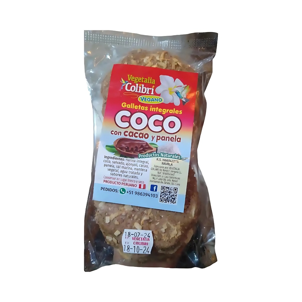 Galleta Integrales Coco,Cacao Y Panela 8 Und Vegetalia Colibri