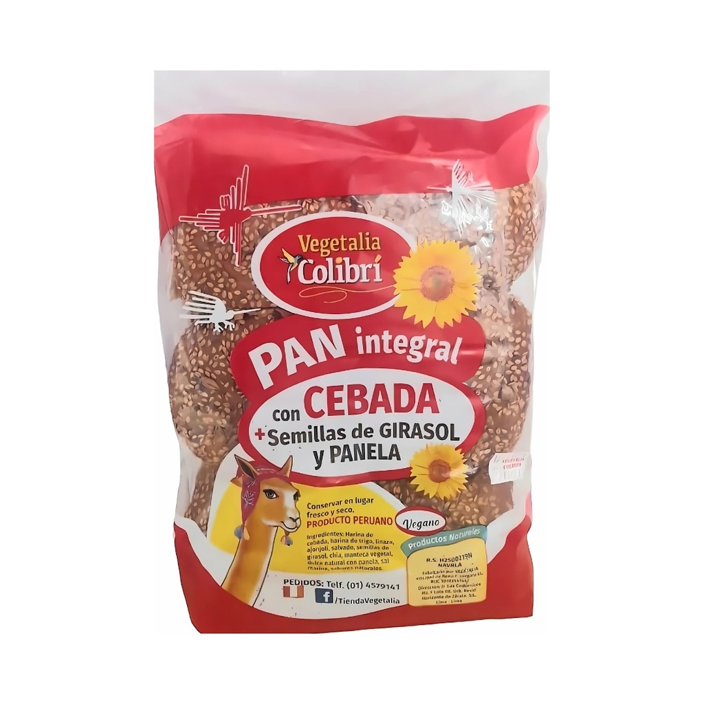 Pan Integral Con Cebada, Semillas De Girasol Y Panela 12 Und Vegetalia Colibri