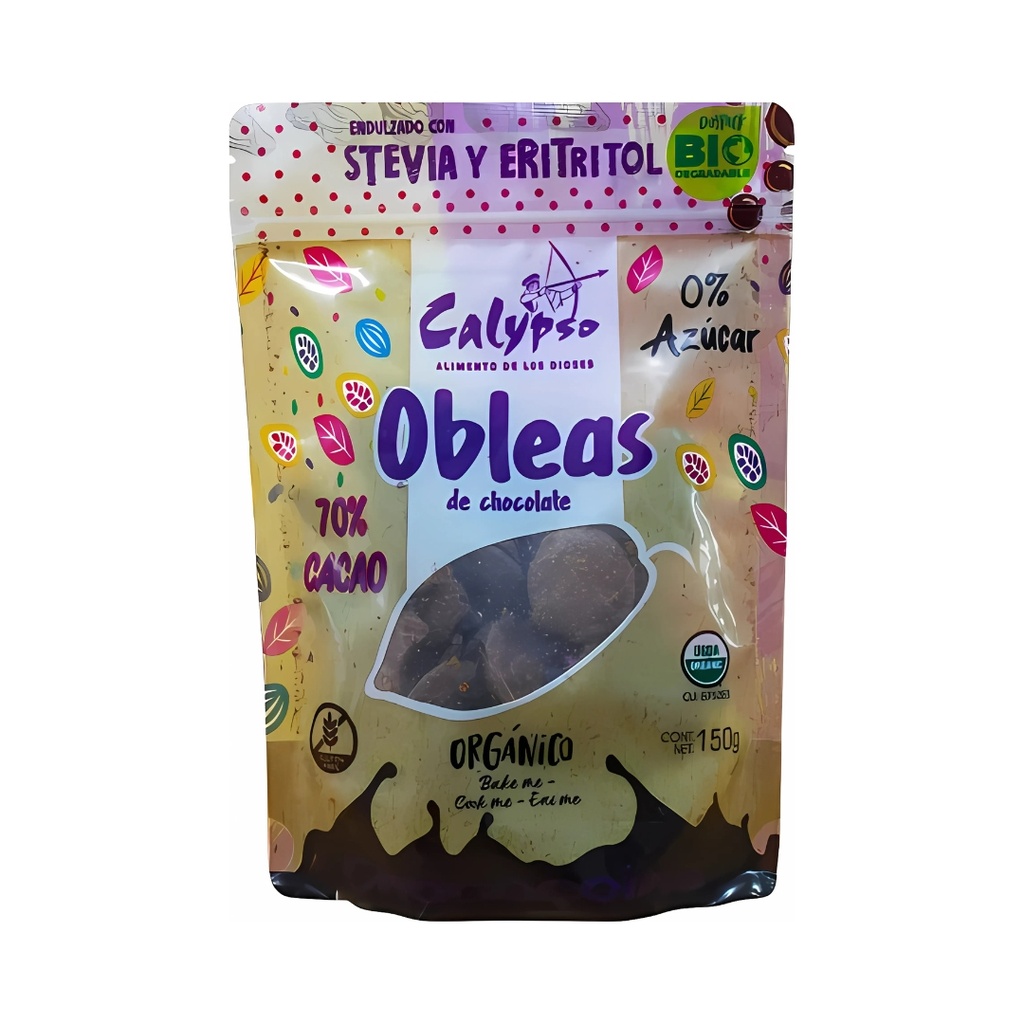 Obleas De Chocolate 70% Cacao C/Stevia Y Eritritol Organico 150 Gr Calypso